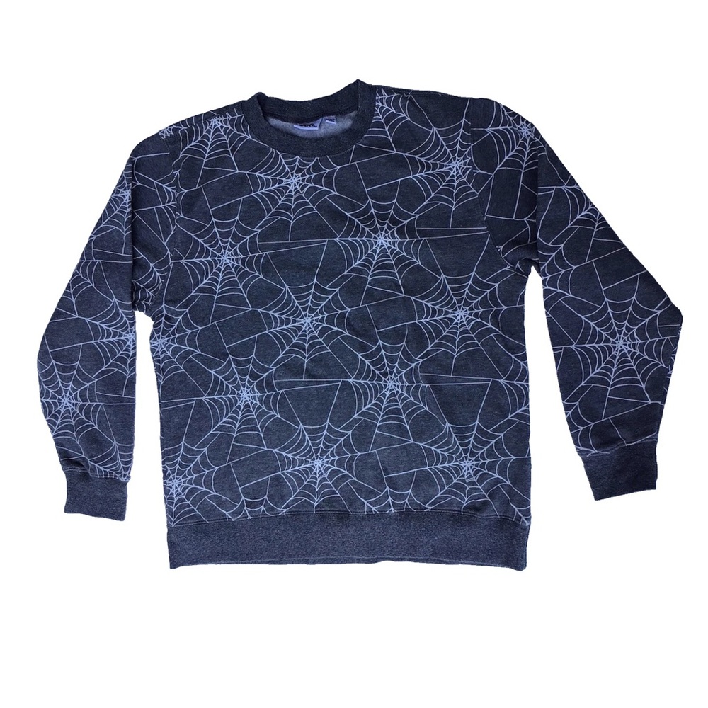 Doe Women's S Gray Spiderweb Fleece Crewneck Pullover relaxed Goth Grunge Spooky